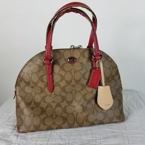 Coach Signature Peyton Domed Satchel Khaki and Red